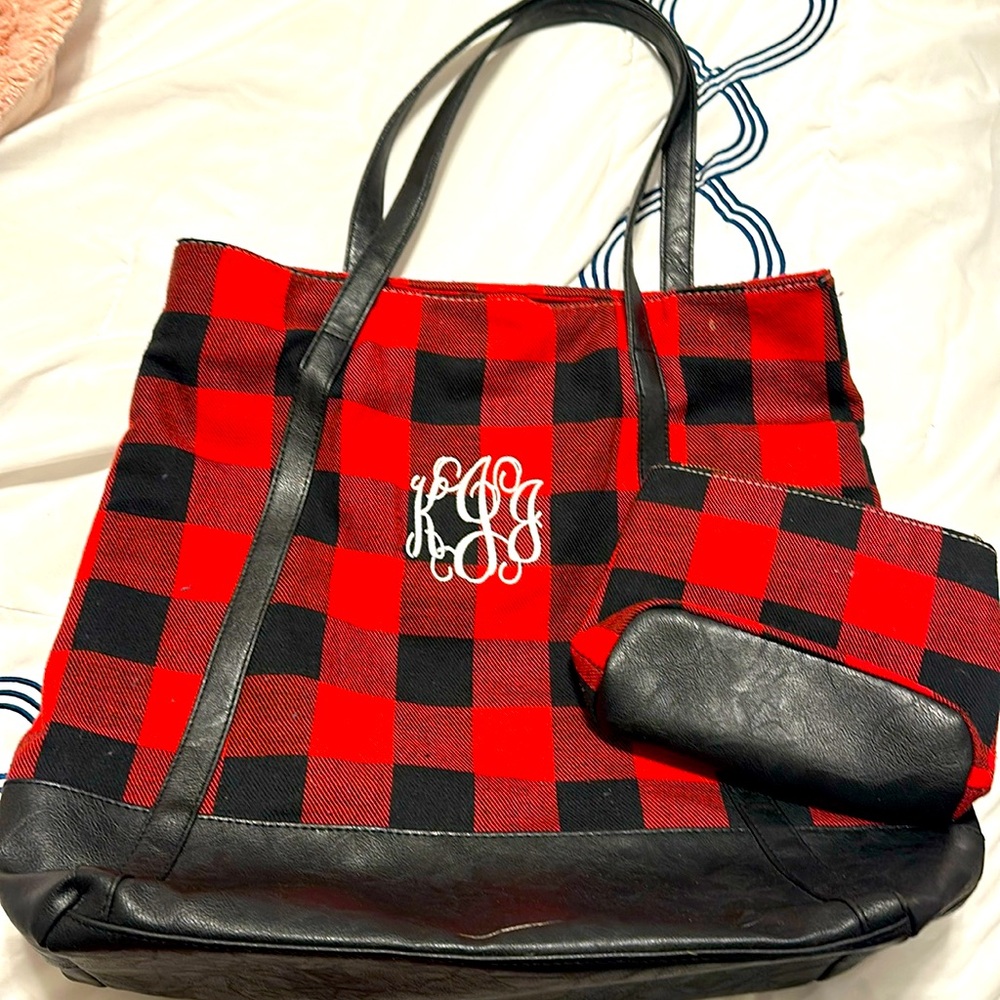 Marley monogrammed KJJ buffalo plaid tote bag with makeup bag inside.